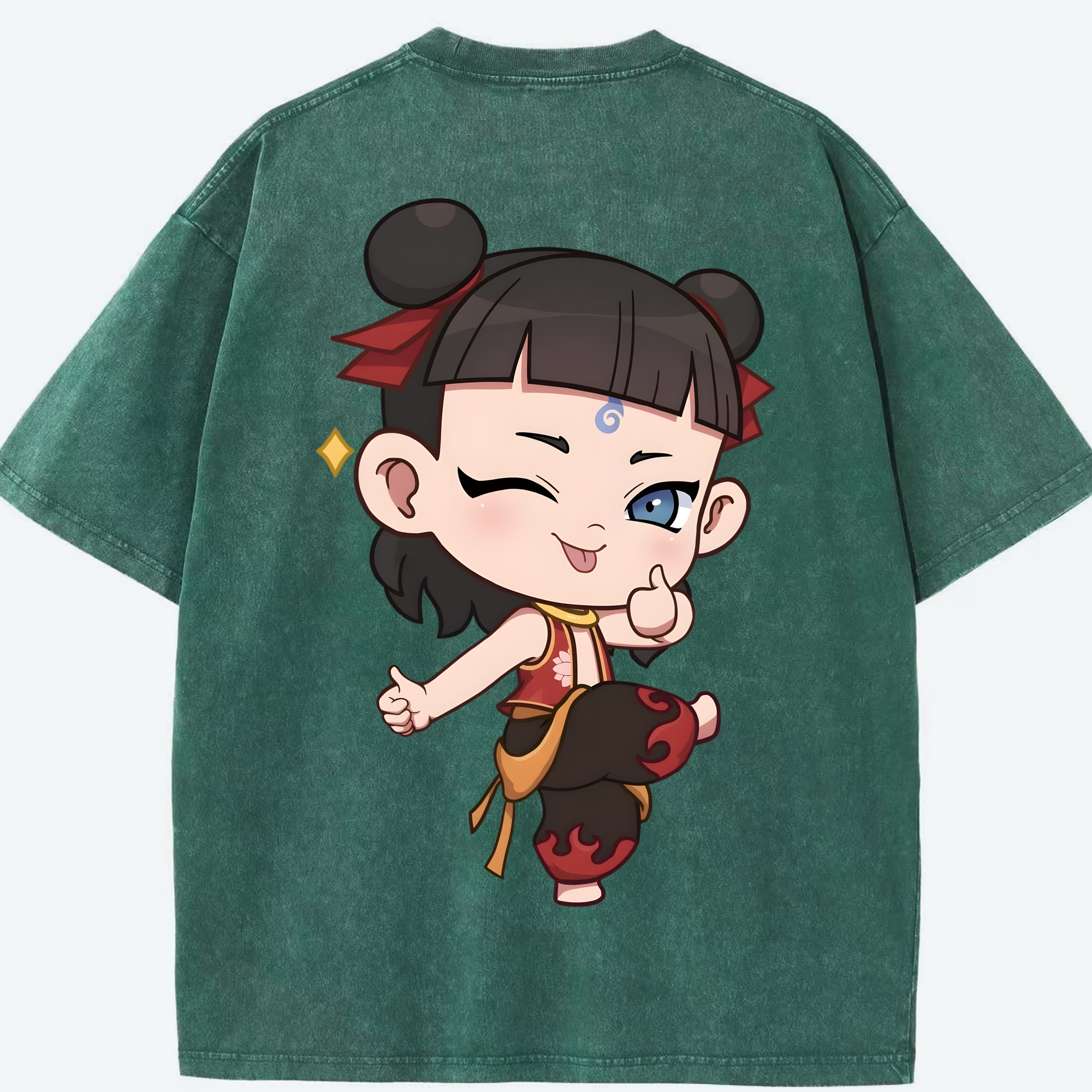 （画像用） Ne Zha 2 ナタ 魔童の大暴れ 綿100% ヴィンテージ風 半袖Tシャツ（背面プリント）